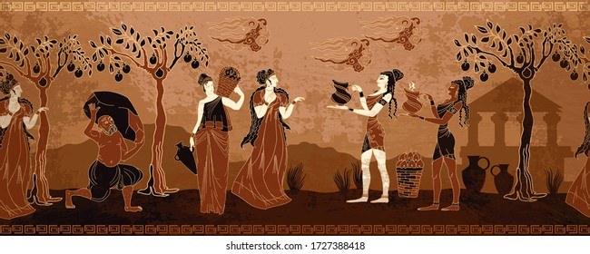 Ancient Greece. Horizontal Seamless Pattern. Old History And Culture.  Goddesses And People. Black Figure Pottery Style. Greek Mythology Art 