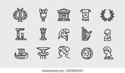 Ancient Greece icons. Set of 15 Ancient Greek trendy minimal icons. Ionic Column, Lyre, Greek Ship, Spartan Helmet. Design signs for web page, mobile app, packaging design. Vector illustration