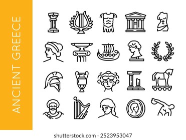 Ancient Greece icons. Set of 20 Ancient Greek trendy minimal icons. Ionic Column, Lyre, Greek Ship, Spartan Helmet. Design signs for web page, mobile app, packaging design. Vector illustration