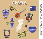 Ancient Greece icons set. Cartoon hand drawn set of Ancient Greece vector icons for web design, lyre, jugs, pots, bouzouki, olives, sculpture, stickers.