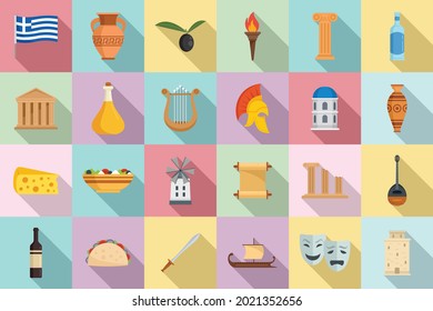 Ancient Greece icons set flat vector. Greek parthenon. History mythology