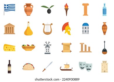 Ancient Greece icons set flat vector. Greek parthenon. History mythology isolated