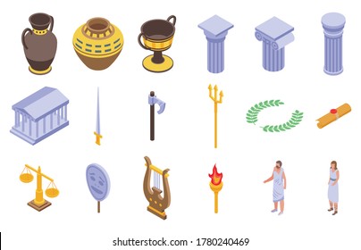 Iconos de la Antigua Grecia se pusieron en escena. Conjunto isométrico de iconos vectoriales de la Antigua Grecia para el diseño web aislados en fondo blanco