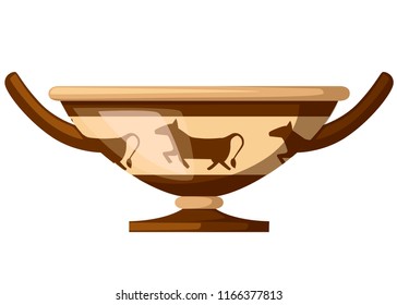 Ancient Greece kylix drinking cup. Ancient wine cup cylix with patterns. Greek pottery icon. Flat vector illustration isolated on white background.