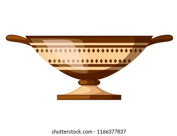 Ancient Greece kylix drinking cup. Ancient wine cup cylix with patterns. Greek pottery icon. Flat vector illustration isolated on white background.