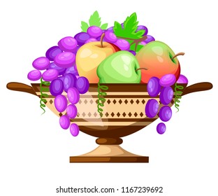 Ancient Greece kylix drinking cup. Ancient wine cup cylix with patterns. Cup with apples and grapes. Greek pottery icon. Flat vector illustration isolated on white background.