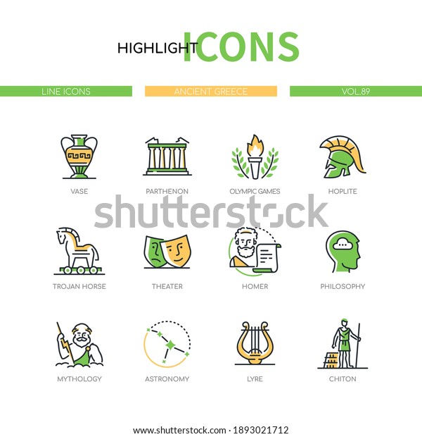 Ancient Greece - modern line design style icons\
set. Greek culture signs and symbols, history idea. Vase,\
Parthenon, Olympic games, Trojan horse, theater, Homer, mythology,\
astronomy, lyre,\
chiton