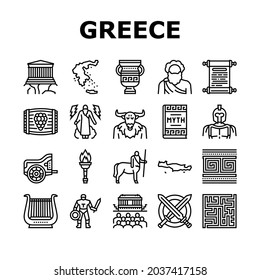 Ancient Greece Mythology History Icons Set Vector. Ancient Greece Myth And Ornament, Lyre Musician Instrument And Acropolis Building, Centaur And Minotaur Black Contour Illustrations