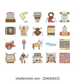 Ancient Greece Mythology History Icons Set Vector. Ancient Greece Myth And Ornament, Lyre Musician Instrument And Acropolis Building, Centaur And Minotaur Line. Color Illustrations