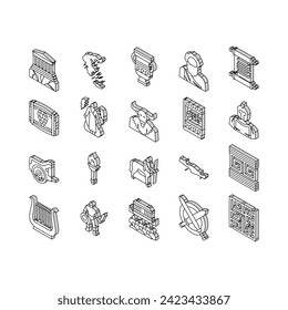 Ancient Greece Mythology History isometric icons set. Ancient Greece Myth And Ornament, Lyre Musician Instrument And Acropolis Building, Centaur And Minotaur Line. Color .