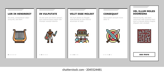 Ancient Greece Mythology History Onboarding Mobile App Page Screen Vector. Ancient Greece Myth And Ornament, Lyre Musician Instrument And Acropolis Building, Centaur And Minotaur Illustrations