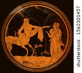 Ancient Greece. Mythology and legends. Centaur and goddess. Greek vase painting. Red figure techniques. Meander circle style 