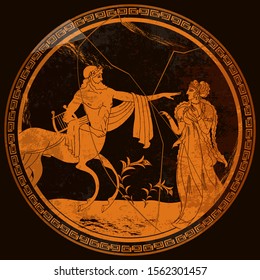 Ancient Greece. Mythology And Legends. Centaur And Goddess. Greek Vase Painting. Red Figure Techniques. Meander Circle Style 