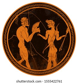 Ancient Greece. Mythology And Legends. Gladiator And Archer. Greek Vase Painting. Meander Circle Style. Red Figure Techniques 