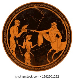 Ancient Greece. Mythology and legends. Greek vase painting. Centaur and people. Meander circle style. Red figure techniques 