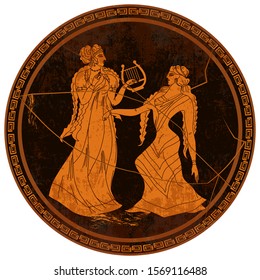 Ancient Greece. Mythology and legends. Two goddesses. Greek vase painting. Red figure techniques. Meander circle style 