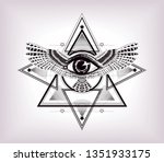 Ancient greece print with all seeing eye. Black and white geometric pattern. Sacred geometry with eye and wings. To be use for print t shirt, tattoo art, coloring book pages. 