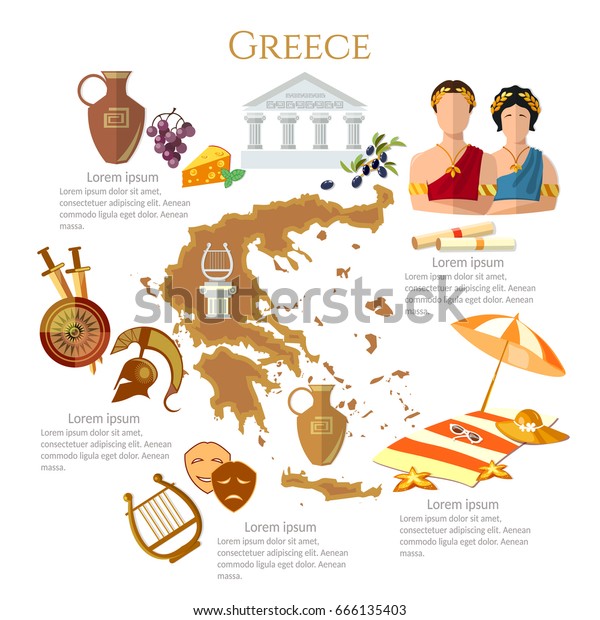 古代ギリシャと古代ローマのインフォグラフィック 風景 文化 伝統 地図 古代ギリシャの人々 テンプレートエレメント のベクター画像素材 ロイヤリティフリー