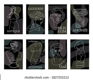 Ancient Greece and Rome set of 8 black cards tradition and culture vector seamless pattern. The linear trend of the ancient, Ancient Greece and Ancient Rome.