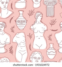 Ancient Greece and Rome set tradition and culture vector seamless pattern. The linear trend of the ancient surface pattern, Ancient Greece and Ancient Rome. Surface pattern on pink.