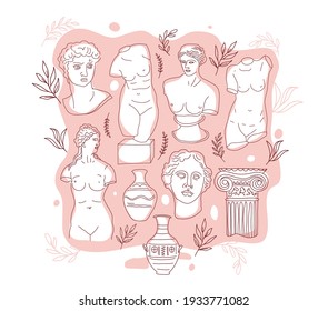 Ancient Greece and Rome set tradition and culture vector illustration. The linear trend of the ancient poster, Ancient Greece and Ancient Rome. Vector design on pink.