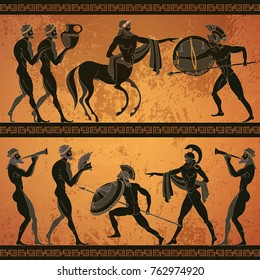 Ancient Greece Scene Banner. Black Figure Pottery. Ancient Greek Mythology. Centaur, People, Gods Of An Olympus 