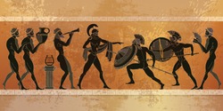 Antike Griechische Szene. Schwarze Figur-Töpferei. Alte Griechische Mythologie. Krieger Sparta Menschen, Götter