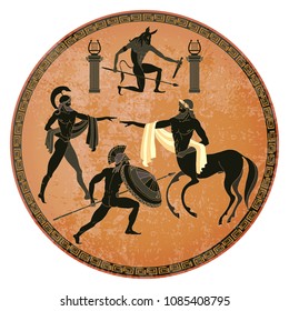 Ancient Greece scene. Black figure pottery. Centaur, people, gods of an Olympus 