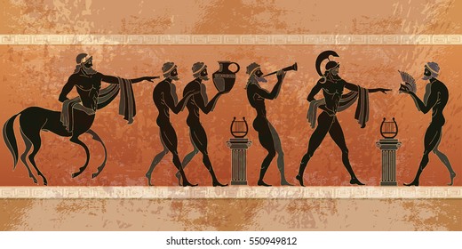 Ancient Greece scene. Black figure pottery. Ancient Greek mythology. Centaur, people, gods of an Olympus 