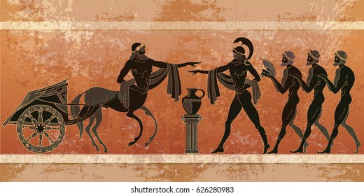 Ancient Greece Scene. Black Figure Pottery. Ancient Greek Mythology. Gods Of An Olympus. Classical Style 