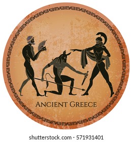 Ancient Greece scene. Classical Ancient Greek style black figure pottery. Hunting for a Minotaur gods fighter 