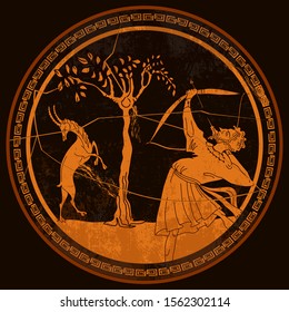 Ancient Greece. Scene of hunting. Archer. Meander circle style. Mythology and legends. Red figure techniques. Greek vase painting 