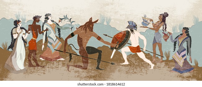 Ancient Greece scene. Hunting for a Minotaur, gods, fighter. Knossos murals mythology 