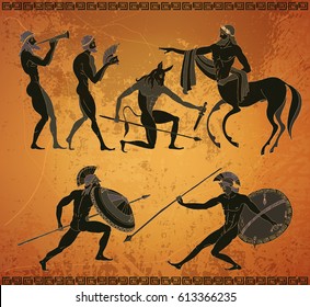 Ancient Greece scene and mythology. Centaur, people, gods of an Olympus. Classical Ancient Greek style. Black figure pottery 