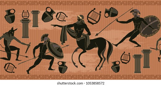 Ancient Greece scene seamless pattern. Black figure pottery. Ancient Greek mythology. Centaur, people, gods of an Olympus. Classical Ancient Greek pattern 