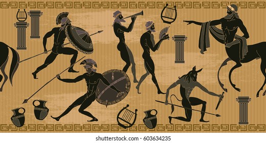 Ancient Greece Scene Seamless Pattern. Black Figure Pottery. Greek Mythology. Centaur, People, Gods Of An Olympus 