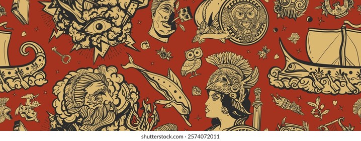 Ancient Greece seamless pattern. Antique ceramic style. Athena and Zeus, greek olympic god, old boat, olive, statue head. Historical myths heroes and legends background