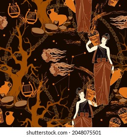 Ancient Greece Seamless Pattern. Old History And Culture. Goddesses. Black Figure Pottery Style. Greek Mythology Art