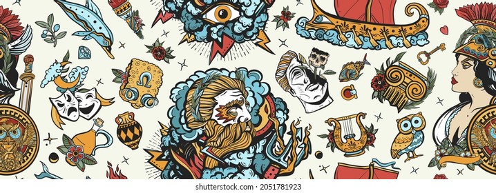 Ancient Greece. Seamless pattern. Old school tattoo style. Athena and Zeus, greek olympic gods. Owl, head statue, old boat, olive, golden fleece. Historical myths heroes and legends background 