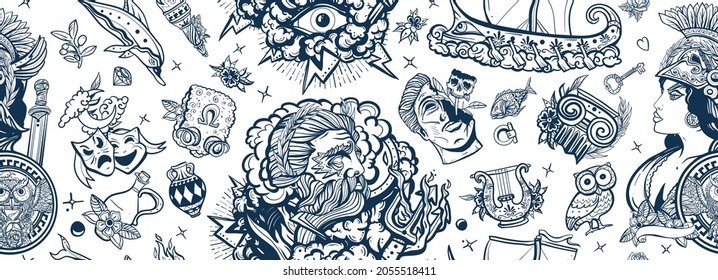 Ancient Greece. Seamless pattern. Old school tattoo style. Historical myths heroes and legends background. Athena and Zeus, greek olympic gods. Owl, head statue, old boat, olive, golden fleece