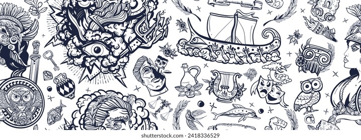 Ancient Greece. Seamless pattern. Old school tattoo style. Head statue, old boat, olive, golden fleece. Historical myths heroes and legends background. Athena and Zeus, greek olympic gods