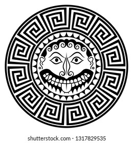 Ancient Greece Shield with Gorgon Medusa head, isolated on white, vector illustration