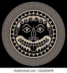 Ancient Greece Shield with Gorgon Medusa head, isolated on black, vector illustration