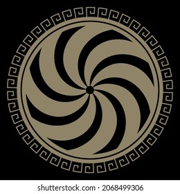 Ancient Greece Shield with Greek ornament meander, isolated on black, vector illustration