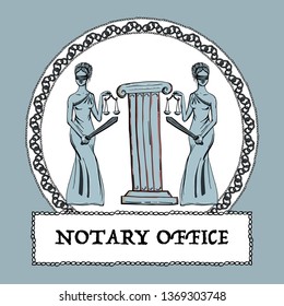 Ancient Greece statue of goddess Themis with column in frame of chains . Emblem or logotype for notary office.