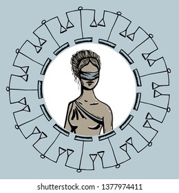 Ancient Greece statue of goddess Themis in frame of chains and scales. Emblem or logotype.