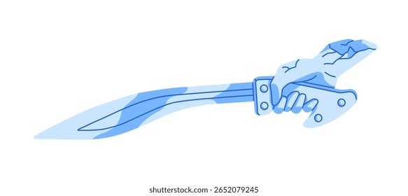Ancient Greece statue of human hand with knife. Cracked antique sculpture of arm holding blade. Broken Greek figurine with old sword, weapon. Flat isolated vector illustration on white background