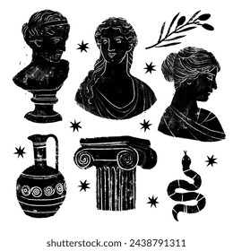 Ancient Greece style grunge illustration set 