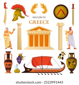 Iconos de viaje de la antigua Grecia. Antigua mitología griega o historia del imperio de Roma Elementos, Lugares famosos turísticos símbolos olímpicos Atenas templo casco de barco ánfora Ilustración vectorial reciente obra de arte original