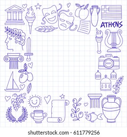 Ancient Greece Vector elements in doodle style Travel, history, music, food, wine